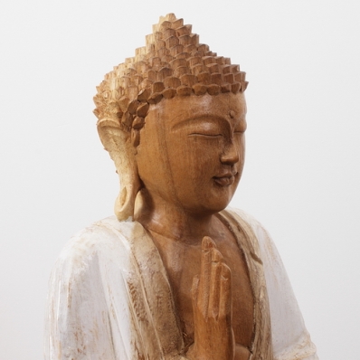 Statue bois Bouddha une main levée 60cm fleur blanche