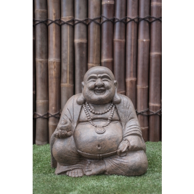 Déco statuette - Statue Bouddha rieur en suar 25 cm naturel