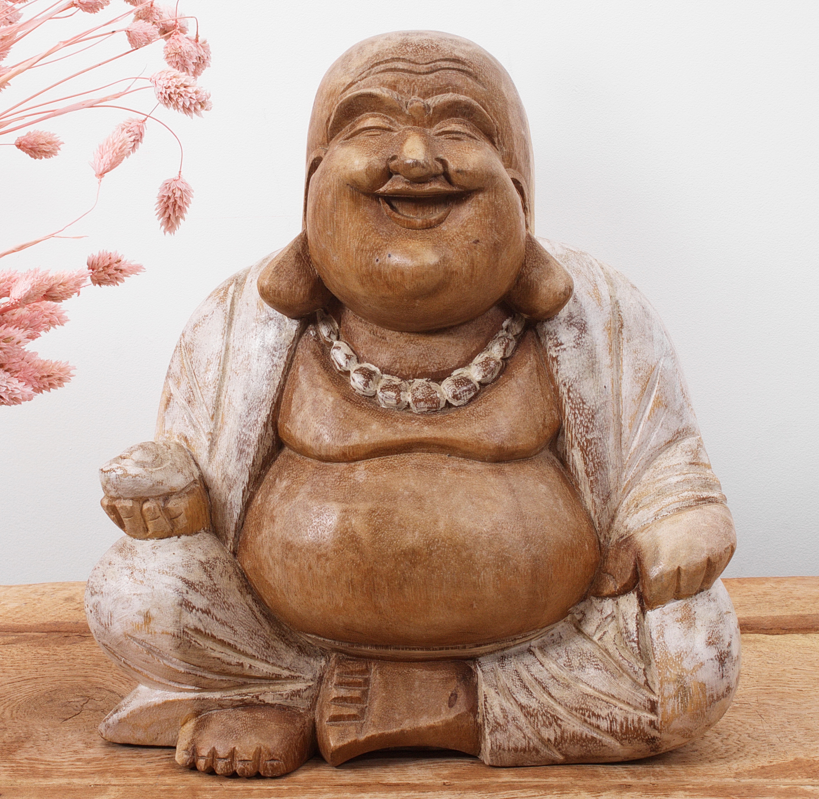 Statue bois Bouddha une main levée 60cm fleur blanche